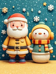 Cute Santa and snowman friends with festive winter background