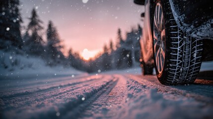 Car tire on a snowy road at sunset in a winter forest