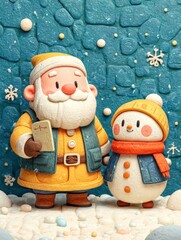 Cute Santa and snowman in a snowy winter scene