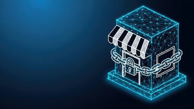 Digital storefront secured with chain and lock illustrating cybersecurity and business protection
