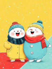 Joyful cartoon snowmen in winter coats and hats