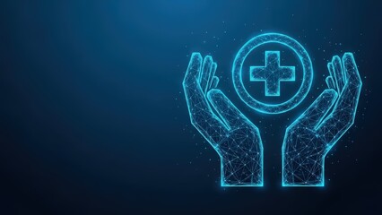 Digital wireframe hands offering a glowing blue medical cross symbol against a dark background symbolizing health care and support