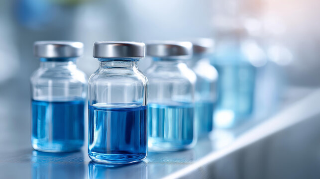 Image features collection of glass vials filled with blue liquid arranged on metallic surface, representing pharmaceutical manufacturing in laboratory setting, medical production d