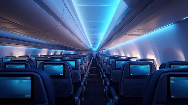 Empty airplane cabin with blue ambient lighting and entertainment screens on seatbacks. Modern airline interior for travel and commercial aviation.
