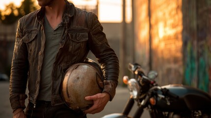 Man holding a vintage motorcycle helmet standing next to his bike on a street. Concept of freedom, adventure and classic riding style.
