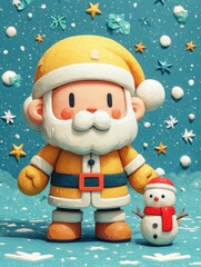 Yellow Santa Claus with snowman against blue winter background