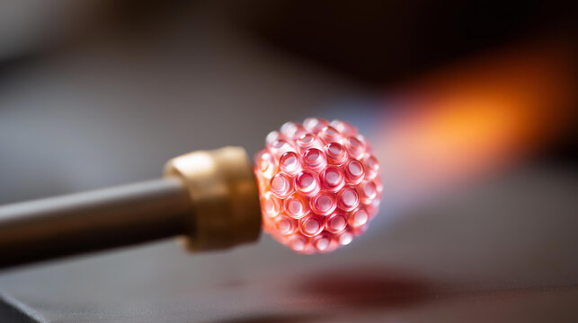 Closeup of glass bead melting in gas-burner fire, lampworking process, glass fusion technique, thermal crafting method, artisan glass working, molten material visualization, with c