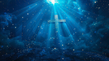 Cross on background of starry sky. Mockup for card, banner. Close-up. Copy space.