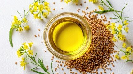 Canola oil in a glass bowl with rapeseeds and fresh canola flowers isolated on white background