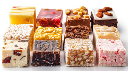 Set of Nougat, chewy hard sweet confection paste candy, nuts fruit flavour. Collection of various nougat cubes on light background. Many different flavor. Close-up
