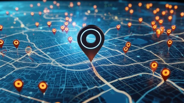 Digital map with glowing markers, representing location data across a futuristic, abstract network
