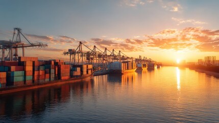 Cargo ship loading at port during sunset, with industrial cranes and shipping containers. Global logistics and maritime transportation concept for trade.