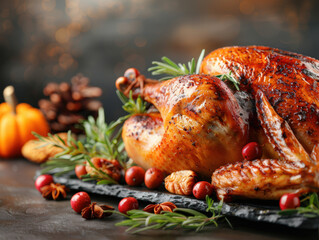Roasted turkey on festive table on light blurred home background. National Roasting Month. Thanksgiving Festive celebration. Christmas dinner. Close-up.