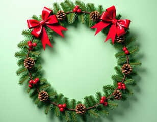 Round wreath of fir branches with red bows, pine cones and red holly berries on green background. Mock-up for Christmas greeting cards and winter holiday designs. Copy space