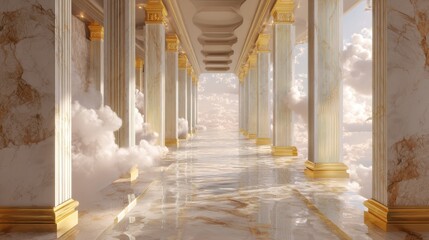Corridor with classic marble pillars and golden details extending into a cloudy sky, representing journey to heaven or a divine realm, suitable for spiritual concepts.