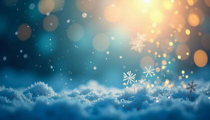 Festive mockup for greeting card. Snowflakes on snow-covered blurred bokeh background. Holiday, celebration, Christmas, New Year, Valentines Day. Copy space