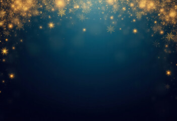 Christmas dark blue background with golden snowflakes and bokeh. Mockup for festive greeting card. Copy space.