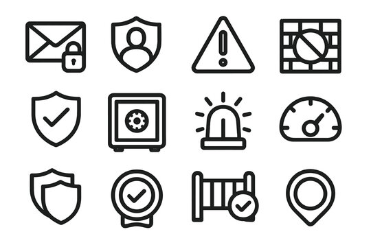 Safety Symbols Collection. Safety & Protection Symbols linear set: secure envelope, guarded profile, alert triangle, intrusion barrier, trust badge, safe storage box, caution