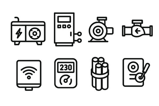 Utility System Icons. Utility System Elements linear set: generator unit, switchgear panel, water pump, check valve, telecom box, energy monitor, conduit bundle, cutoff switch.