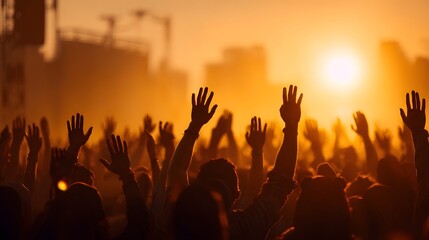 Crowd with hands raised in the air during a sunset festival.