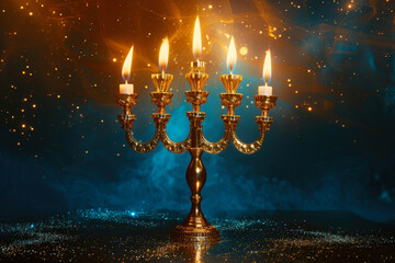 Hanukkah menorah is five-branched candlestick lit during the Jewish holiday of Hanukkah. Copy space.