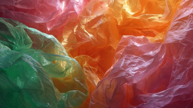 Colorful crumpled plastic bag material. Abstract background texture of wrinkled iridescent film. Environmental recycling concept for wallpaper.