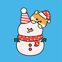 Cute cartoon cat playing with a snowman.