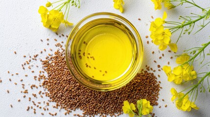 Canola oil in a glass bowl with rapeseeds and fresh canola flowers isolated on white background