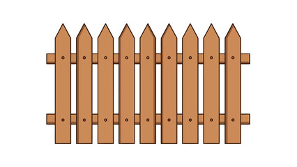 A wooden picket fence with pointed tops and horizontal supports