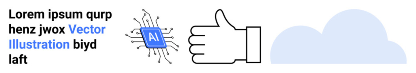 Artificial intelligence, cloud computing, technology approval, digital integration, software systems, future innovation. AI microchip, thumbs-up gesture cloud graphic. AI and cloud computing