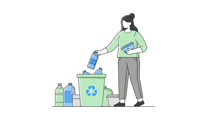 Woman recycling plastic bottles in green recycling bin with recycling symbol