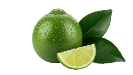 Fresh green lime with leaves and slice isolated PNG, juicy citrus fruit for healthy eating and refreshing summer drinks
