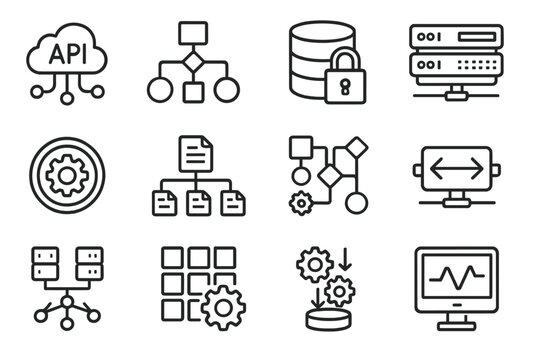 Enterprise Tech Icons. Enterprise Tech Integration linear set: API connector, workflow engine, secured data pipe, middleware server, integration token, schema mapper, process