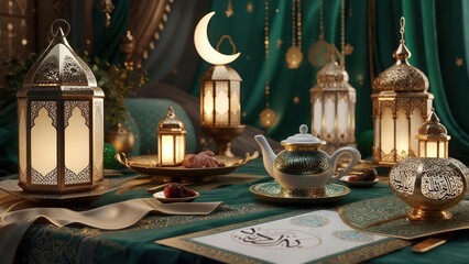 Intricate lanterns, crescent moon, and ornate teapot adorn a festive table setting