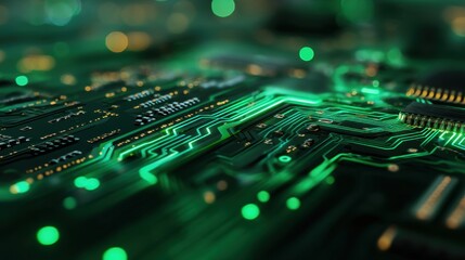 Close-up of green circuit board with glowing lines. Technology background for digital concept. Artificial intelligence and data processing illustration.