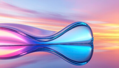 Abstract Metallic Wave Form Reflecting Pastel Sunset Sky Over Calm Water Surface