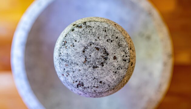 Close up overhead view of a textured stone mortar and pestle with speckled gray and black grains on a warm wooden surface with soft ambient lighting - Powered by Adobe