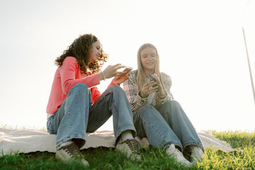 Fototapeta premium Two friends are seated on a picnic blanket, sharing smiles and laughter. Under the warm sunlight, they are engaged with their smartphones, capturing moments of joy in a grassy meadow.