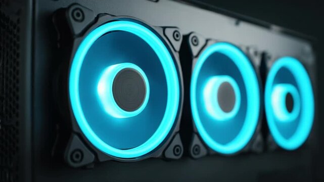Close-up View of Modern RGB Computer Fans with Blue Glow and Sleek Design for Gaming Setup and Tech Aesthetics 4k video footage