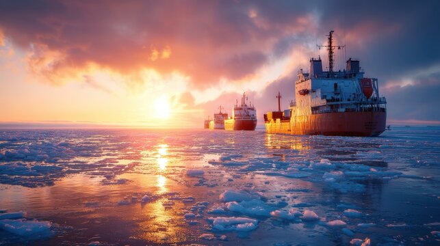 Cargo ship convoy navigating frozen arctic ocean at sunset. Shipping through ice in cold climate. Global logistics and trade.