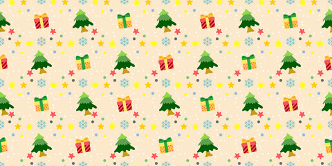 Cute Seamless Christmas Pattern with Trees Gift Boxes and Snowflakes on Cream Background
