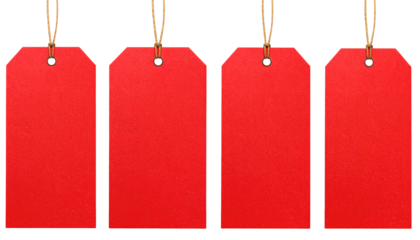 Four vibrant, rectangular price tags are arranged in a row, each suspended by thin, golden-colored string against a stark black backdrop