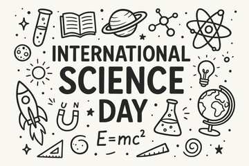 Science Day Doodles. International science day typography surrounded by educational doodle elements. Hand drawn space exploration and scientific discovery symbols. Ideal for school