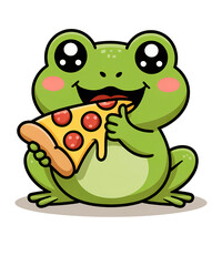 Obraz premium Cute green frog character eating a slice of pepperoni pizza