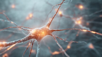Neuron cells with glowing signals. Impulse transmission in the nervous system. Neural network for science, medicine, and human brain research.