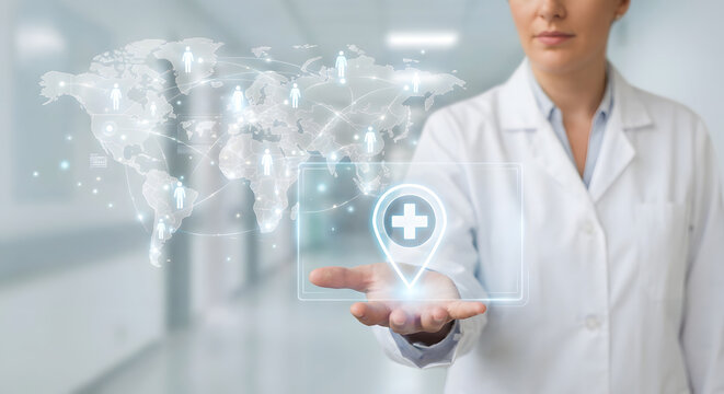Innovative Medical Technology Concept with Doctor Using Virtual Interface and World Map - Powered by Adobe