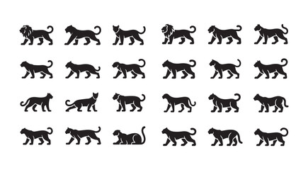 Big cats vector icon set, black panthers, lions, leopards, jaguars, tigers silhouettes collection