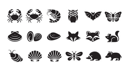 Various animal silhouettes vector collection including crab, shrimp, owl, bat, butterfly, and many more © MDIKRAM