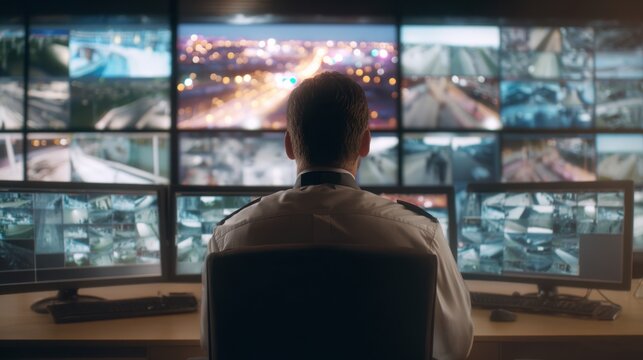 Man security guard watching multiple surveillance camera feeds on large screen. Monitoring cctv system for safety and control in a modern control room.
