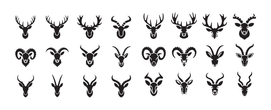 Deer antelope and goat heads simple minimalist black icons set isolated on white background
